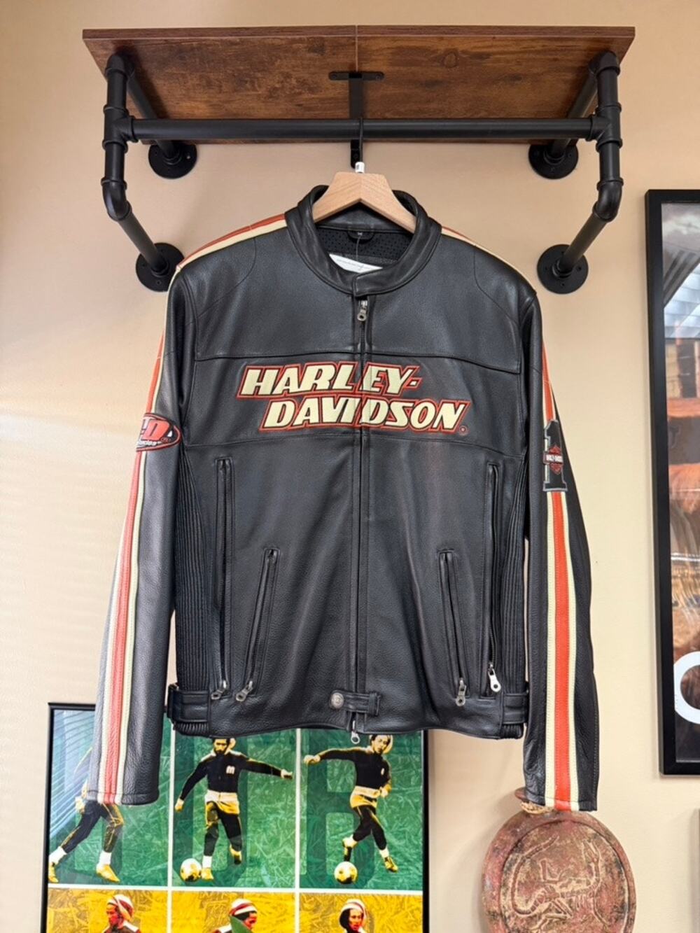 2005 Harley Davidson Y2K Vintage Classic Logo Black Orange Leather Biker Jacket